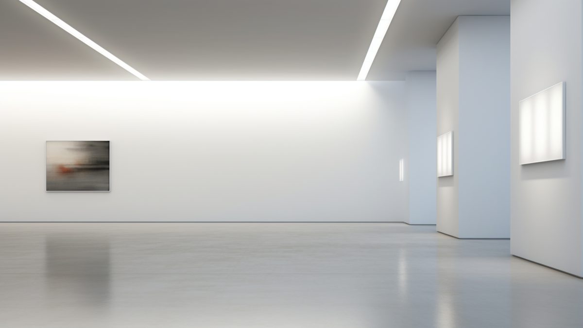 a minimalist art gallery with pristine white walls and gallery lighting that allows artworks to take center stage