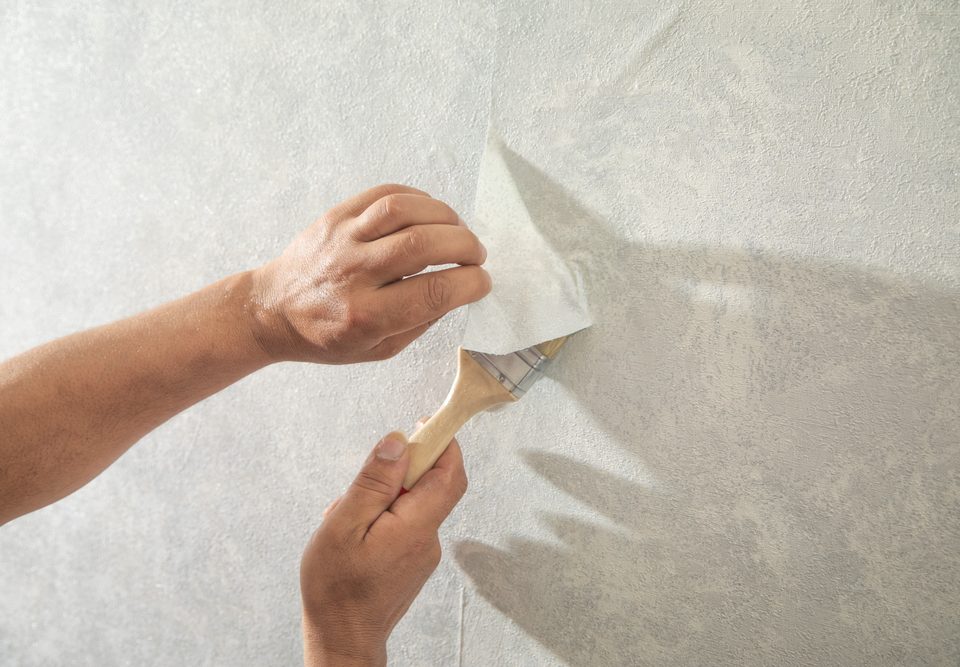 Worker applying wallpaper to wall at home.